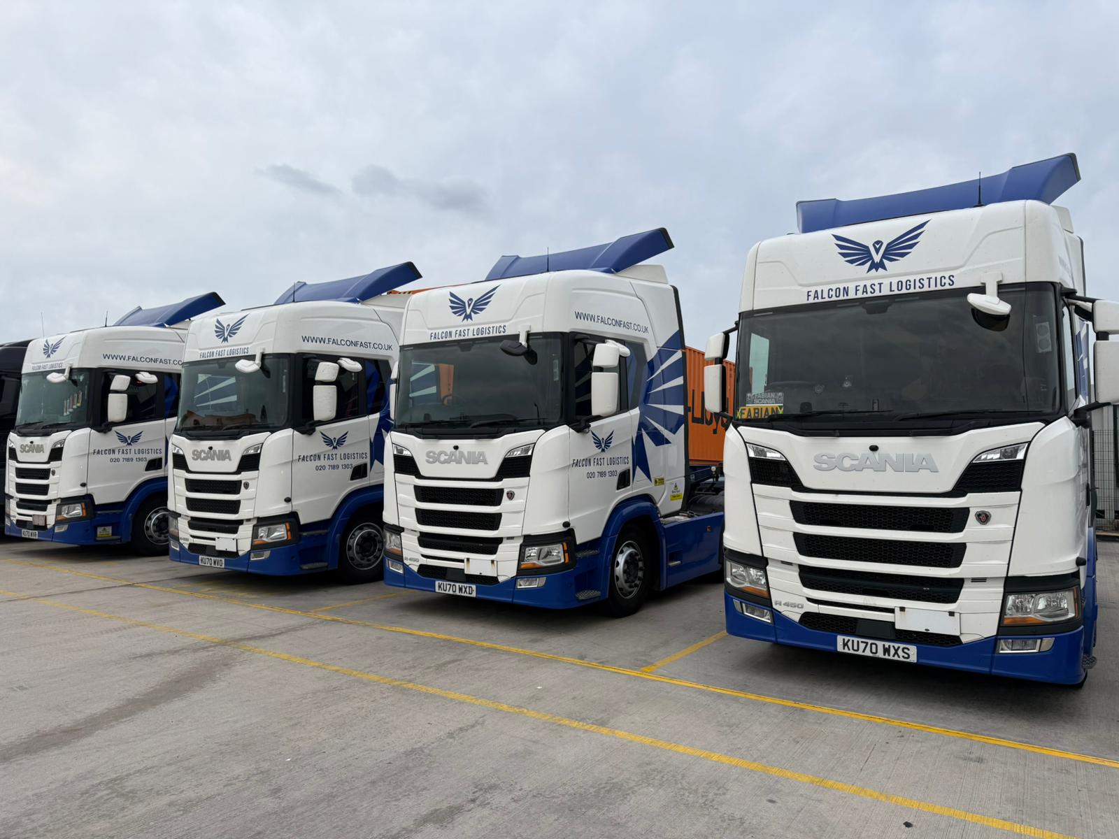 Falcon Fast Logistics Scania fleet lined up at the depot