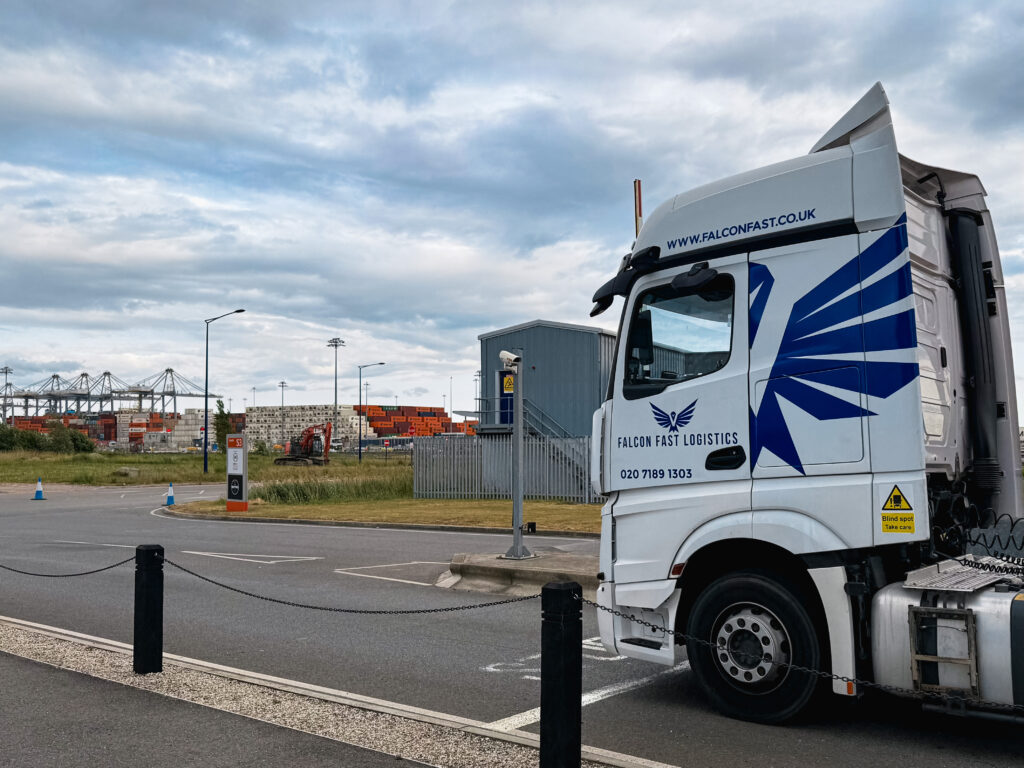 Falcon tractor unit with London Gateway cranes behind